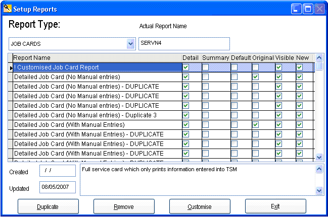 Customise Reports Screen