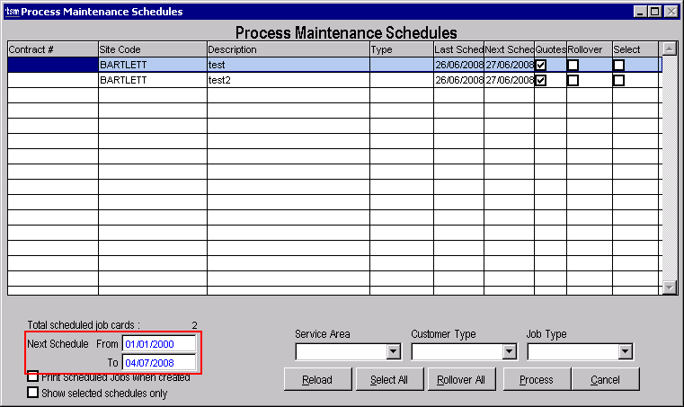 Process Schedules Screen