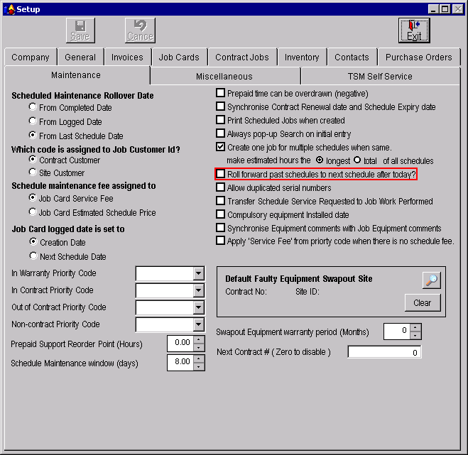 Maintenance Setup Screen