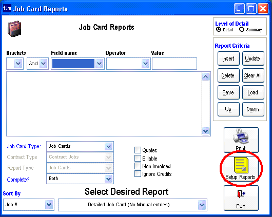 Job Card Reports Screen