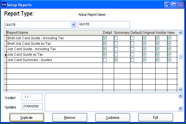 Setup Reports Screen