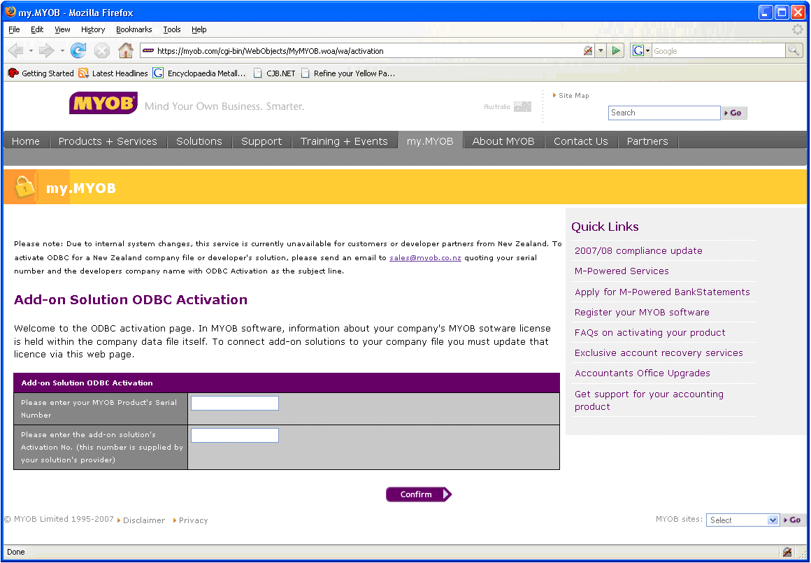 MYOB Registration Website