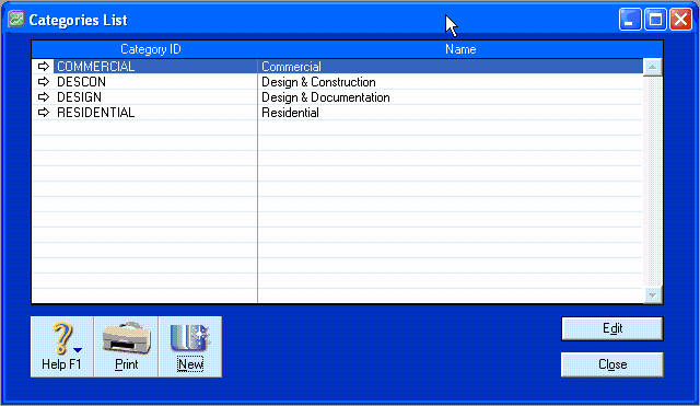 MYOB Categories Setup Screen