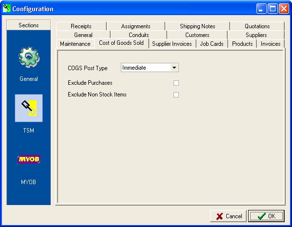 COGS Settings tab