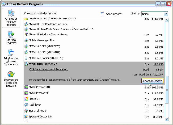 MYOB ODBC Entry