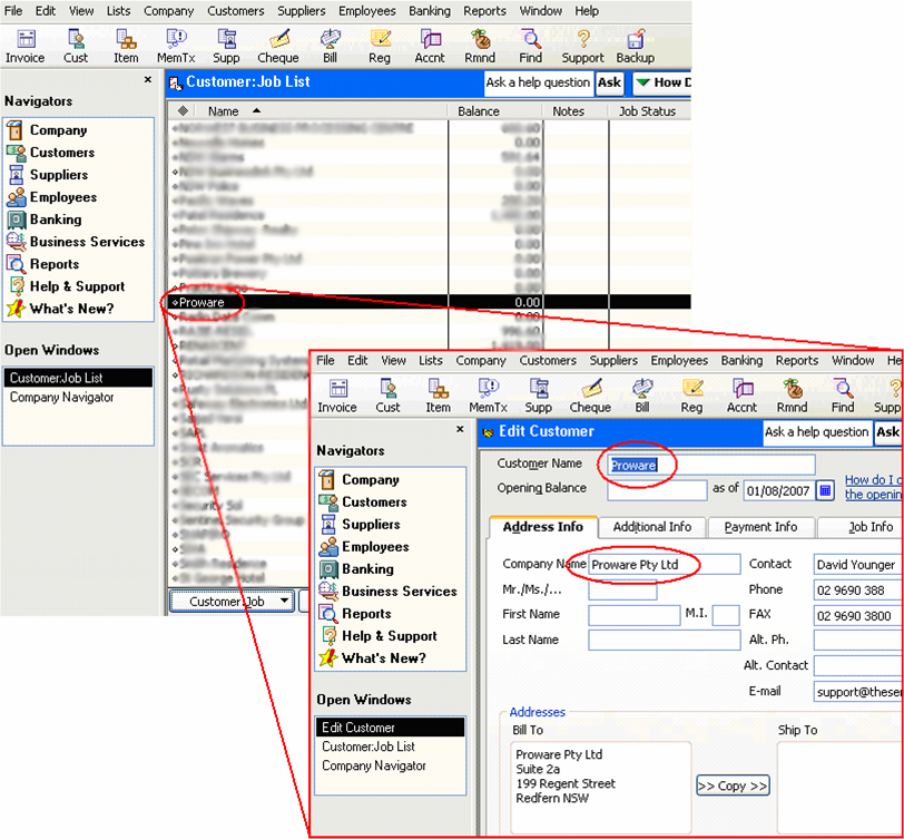 QuickBooks Customer Record