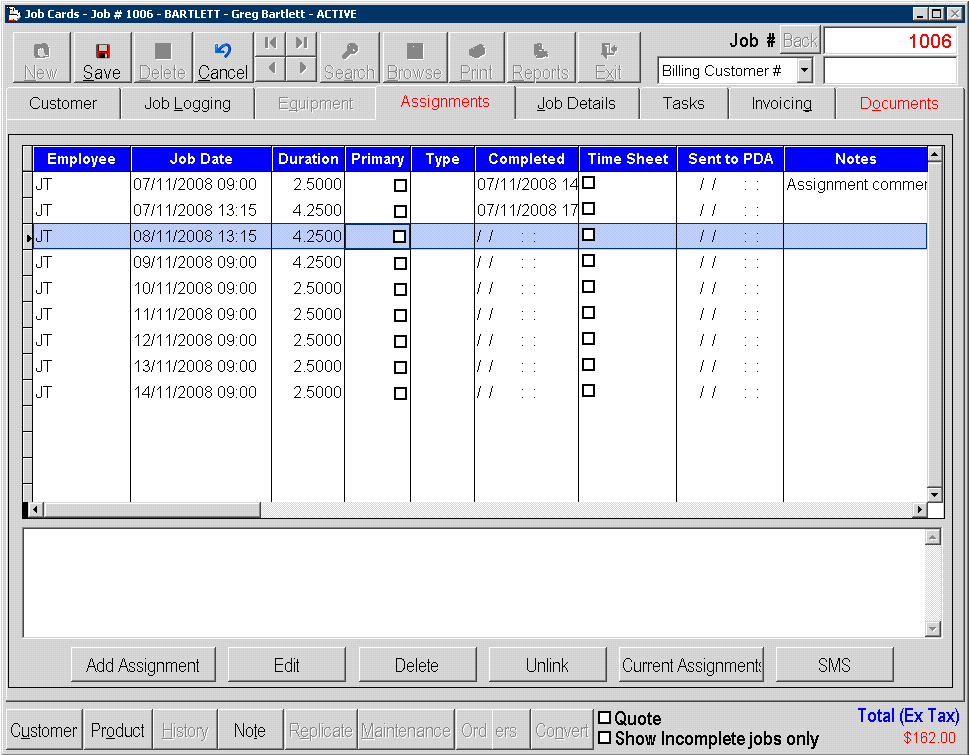 Assignment tab displaying the job’s assignments.