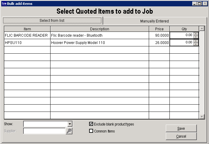 Bulk Add parts filtered to display only the product with product types.