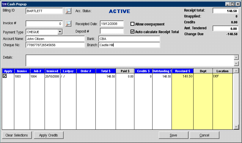 The Cash popup screen, payment details filled in.