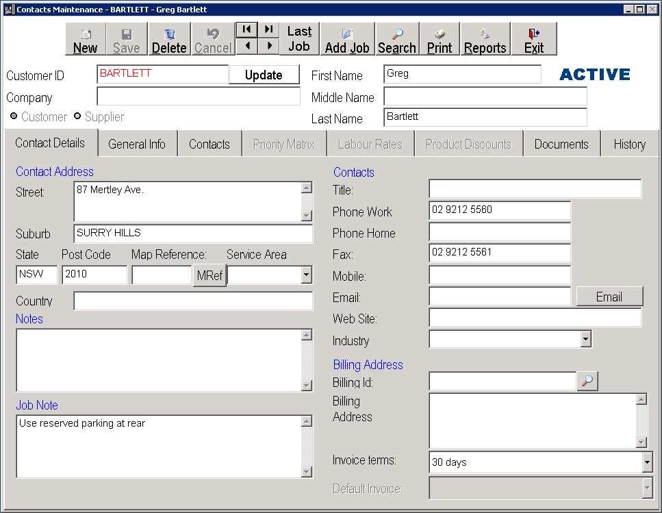 A completed Customer record in TSM