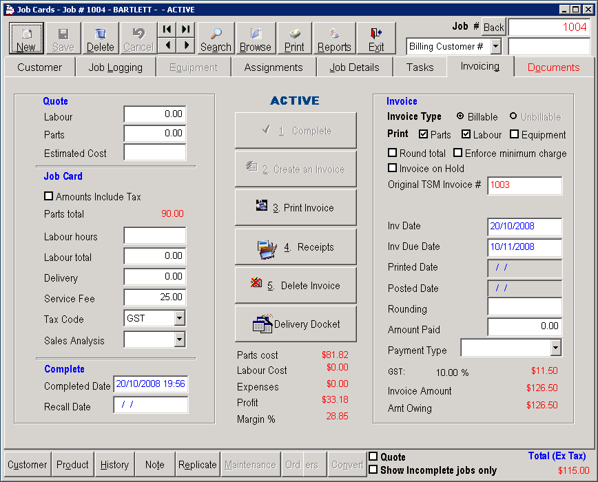 Invoicing tab on the standard Job Card layout.