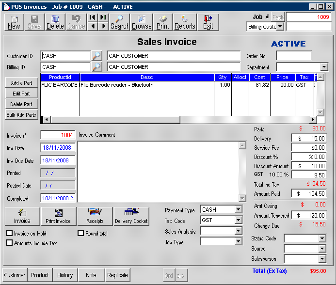 POS Invoice interface. Note there are no tabs – all available information is displayed on the one module.