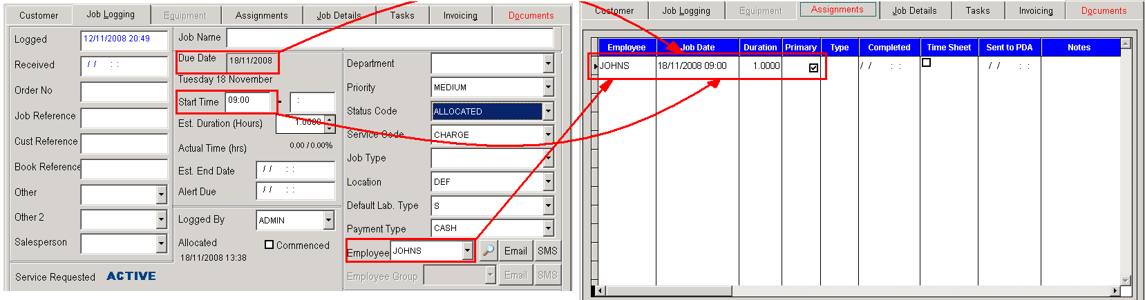 The Job Logging tab and the Assignments tab displaying the necessary settings for creating a Primary Assignment.