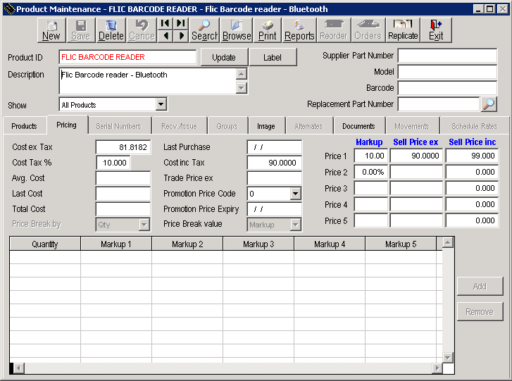 Pricing tab displaying an example of a simple pricing setup.