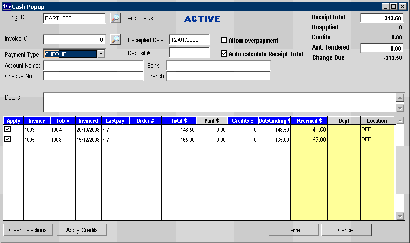 Receipting two invoices.