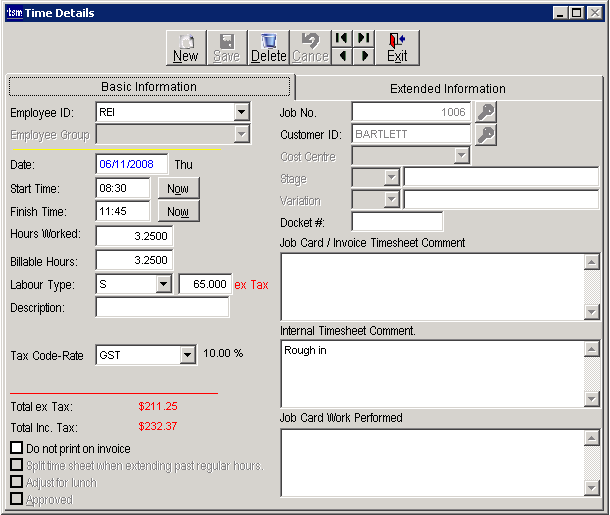 The Time Detail module displaying a completed timesheet