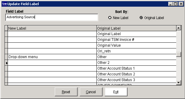 The Update Field Label dialogue box