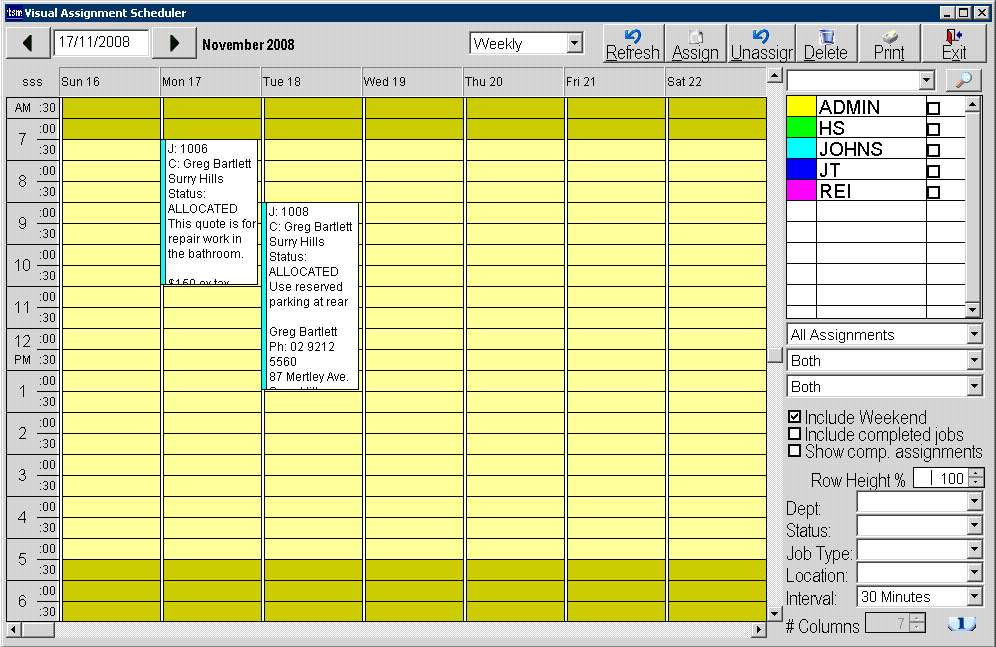 The Visual Assignment Scheduler set to Weekly view, displaying 2 assignments.