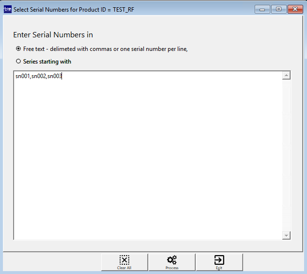 Entering Serial Numbers Screen