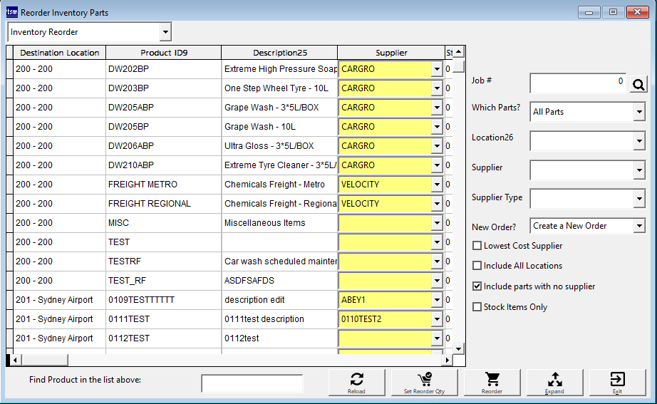 Reorder Parts Screen