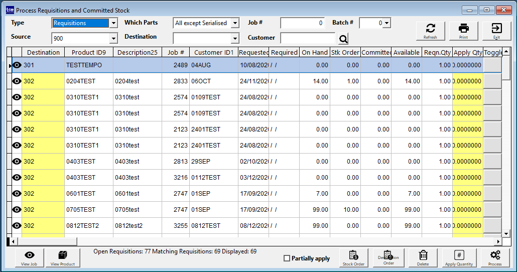 Requisitions Module Screen