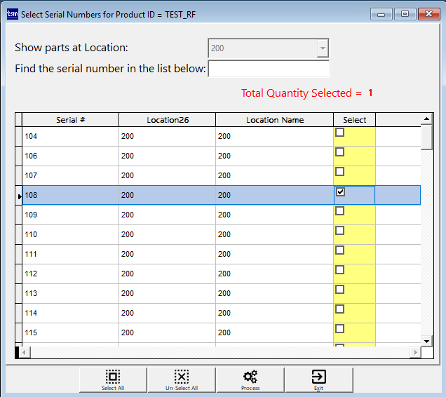 Selecting Serialised Parts