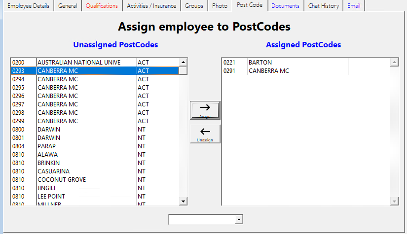 Post Code tab