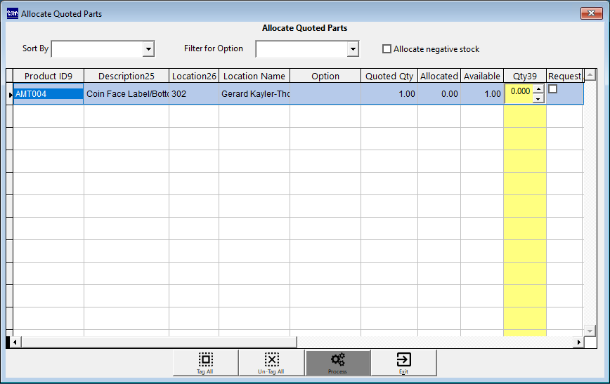 Allocated Quoted Parts screen