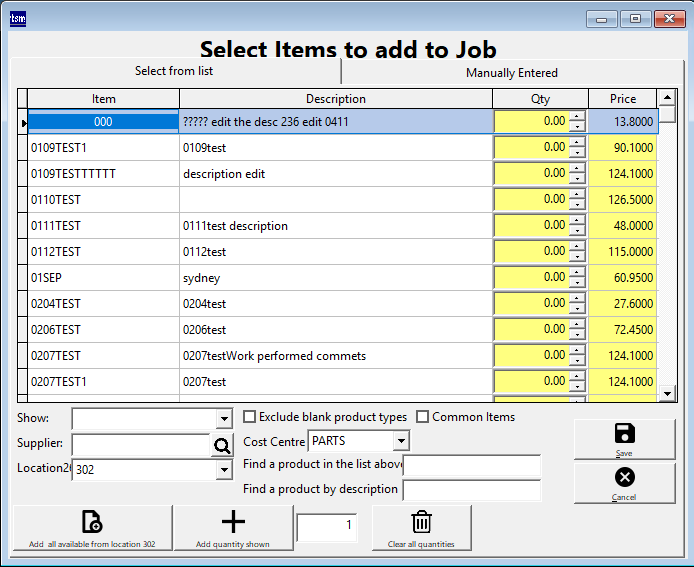 Bulk Add Parts screen