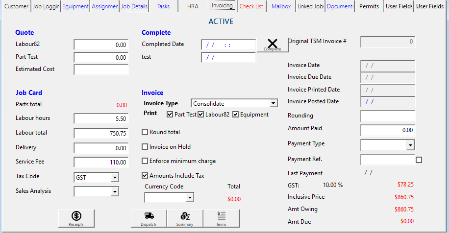 Invoicing tab