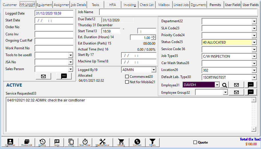 Job Logging tab