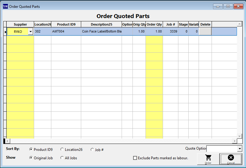 Order Quoted Parts screen