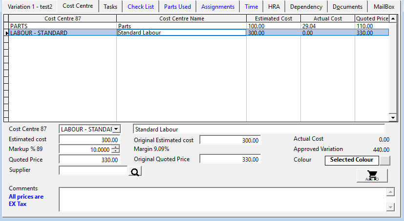Cost Centres tab