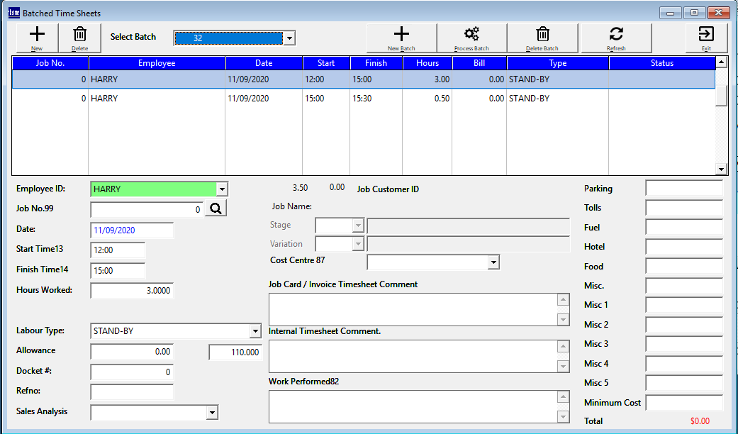 Batched Time Sheets screen