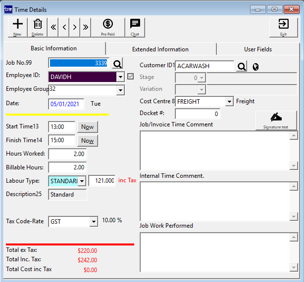 Time Sheet Details screen