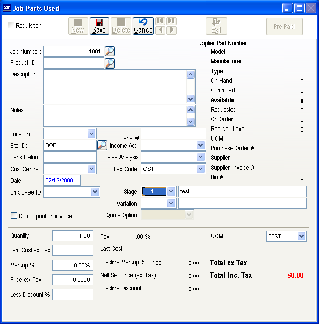 Job Parts Used screen