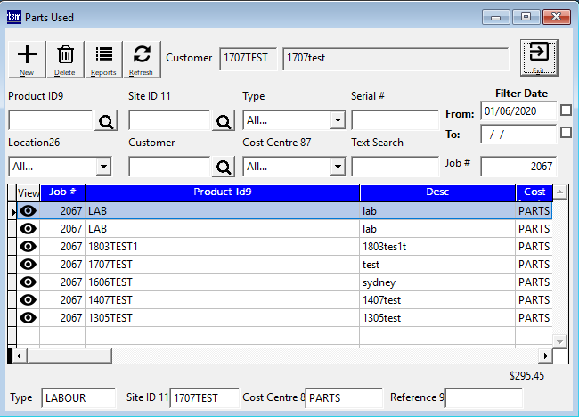 Parts Used screen