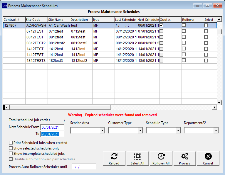 Process Maintenance Schedules (Cards) screen