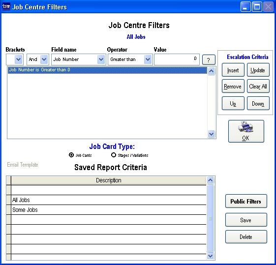 Job Centre Filters dialogue