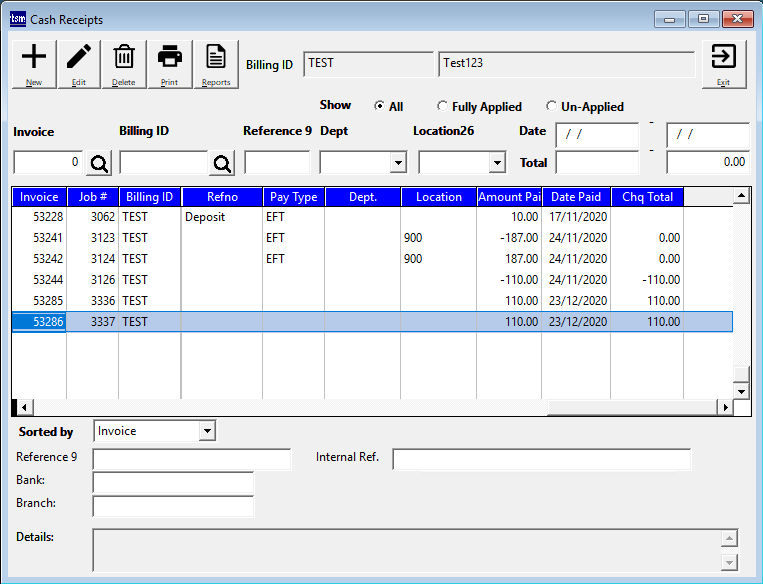 Cash Receipts screen