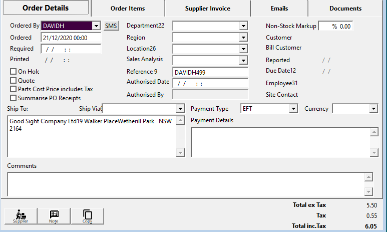 Order Details tab