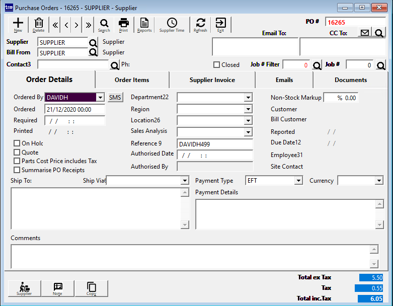 Purchase Orders screen