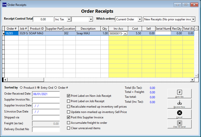 Order Receipts screen