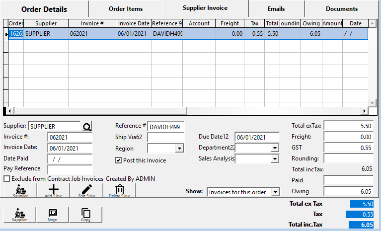 Supplier Invoice tab