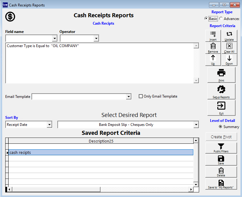 Cash Receipt Reports screen