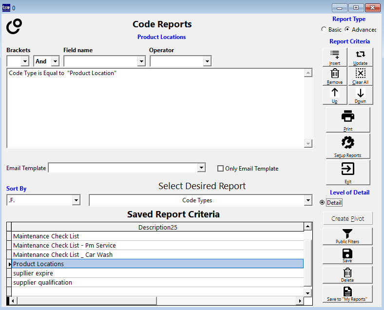 Code Reports screen