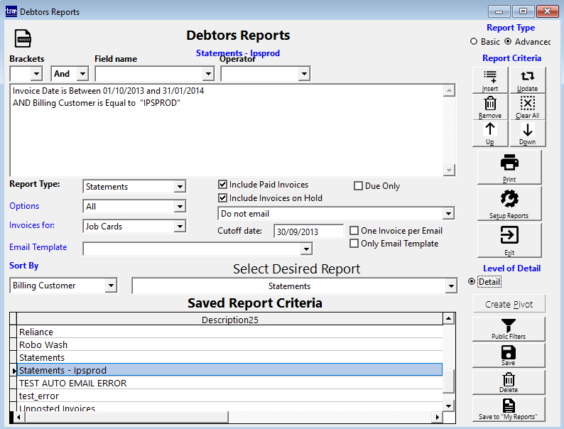 Debtors Reports Screen