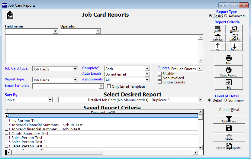 Report Selection screen