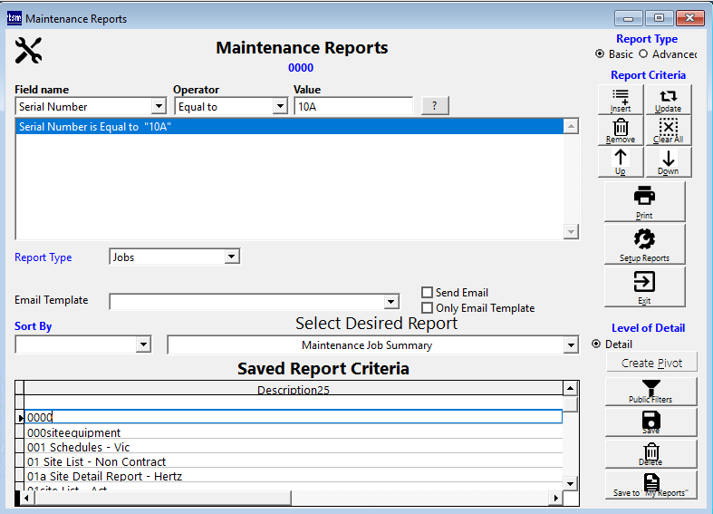 Maintenance Reports screen