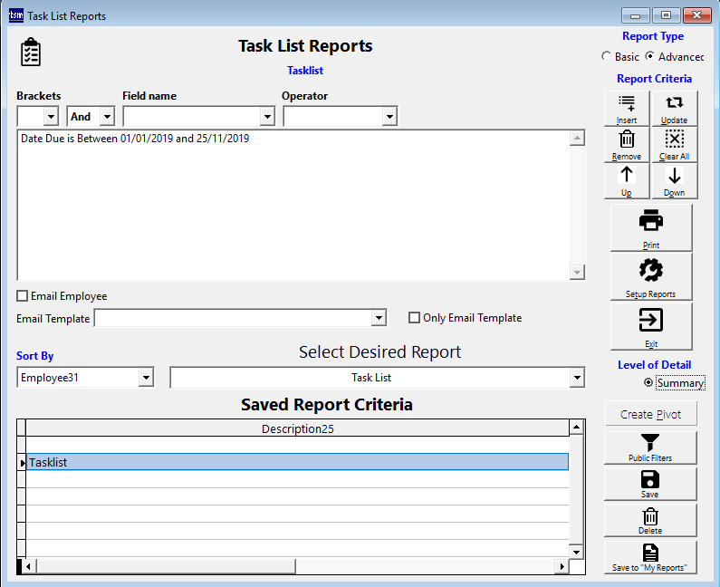 Task Reports screen